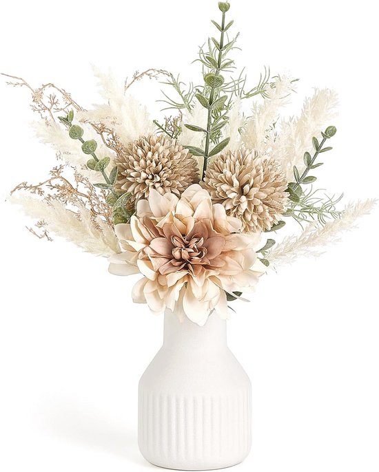 Kleine kunstbloemen in keramische vaas - 34 cm, decoratieve bloemstukken voor elke ruimte