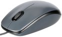 Souris Logitech M90 filaire grise, vue de trois quarts par le dessus.
