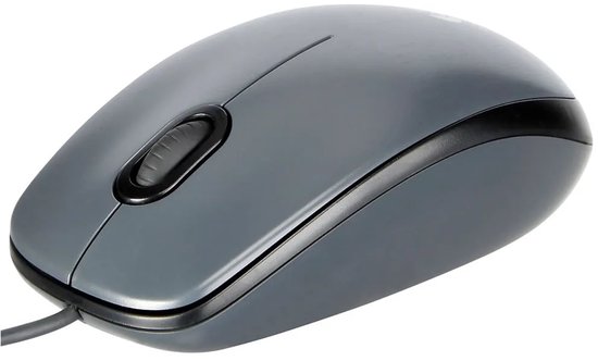 Souris Logitech M90 filaire grise, vue de trois quarts par le dessus.