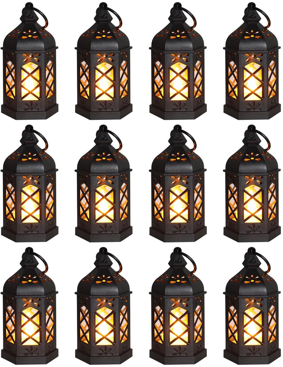 12 stuks - Mini-lantaarns - Witte bruiloftsdecoraties, Kerstmis, Halloween-feestjes - Sfeerverlichting voor op tafel - Vintage decoraties - zwart