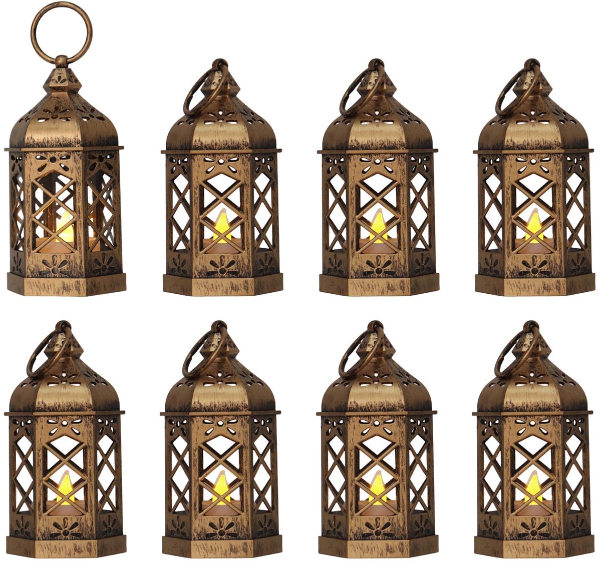 8 stuks - Mini-lantaarns - Witte bruiloftsdecoraties, Kerstmis, Halloween-feestjes - Sfeerverlichting voor op tafel - Vintage decoraties - koper