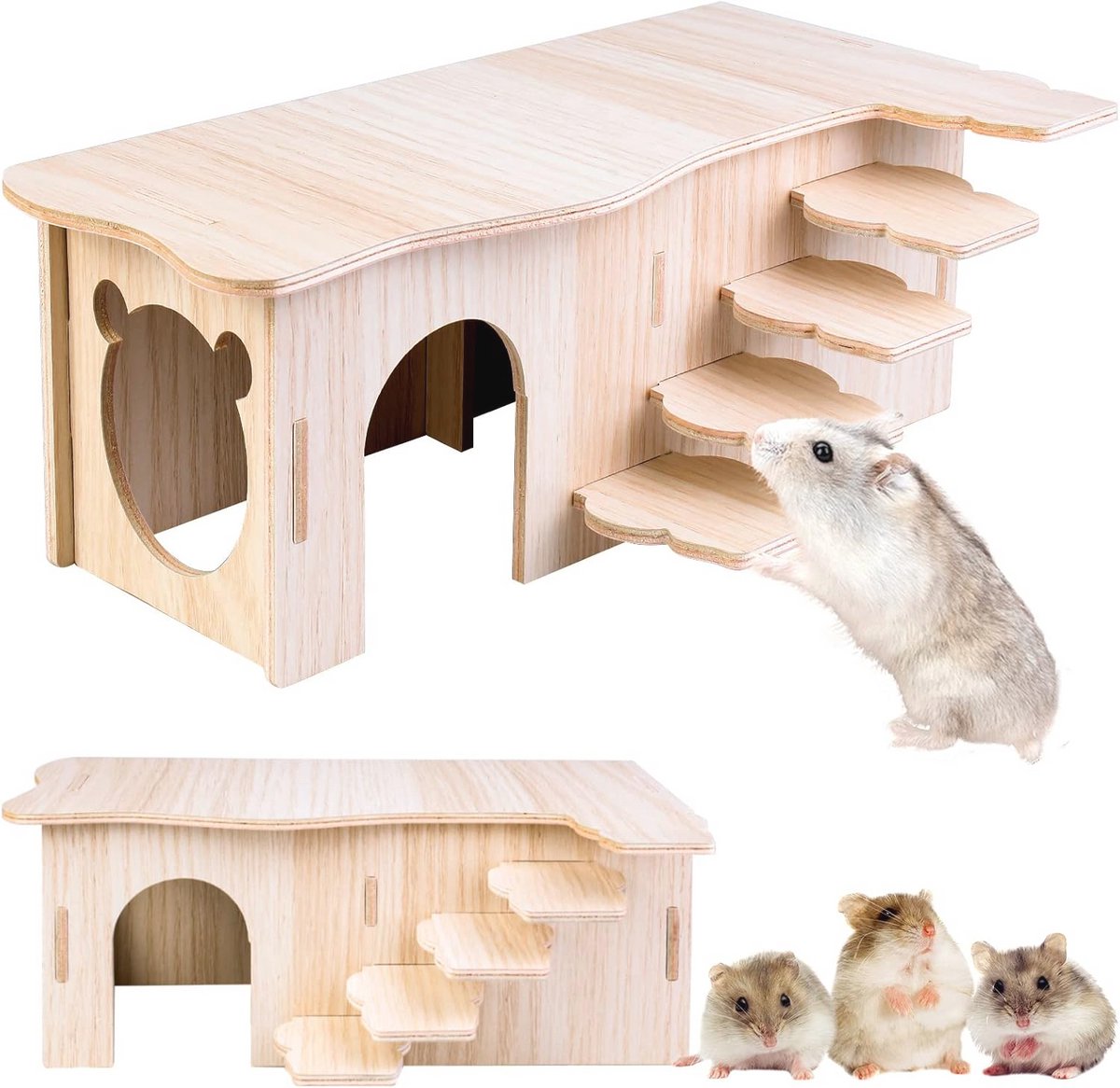 Houten Hamster Hoekhuis met Trappen - Ideale Verstopplaats voor Hamsters en Gerbils