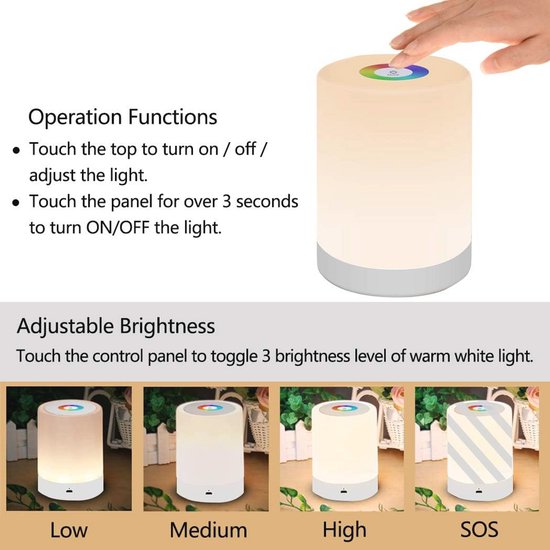 Dimbare Nachtkastlamp met Kleurverandering, USB Oplaadbaar LED Nachtlicht voor Kinderen en Camping van Merkloos — afbeelding 3