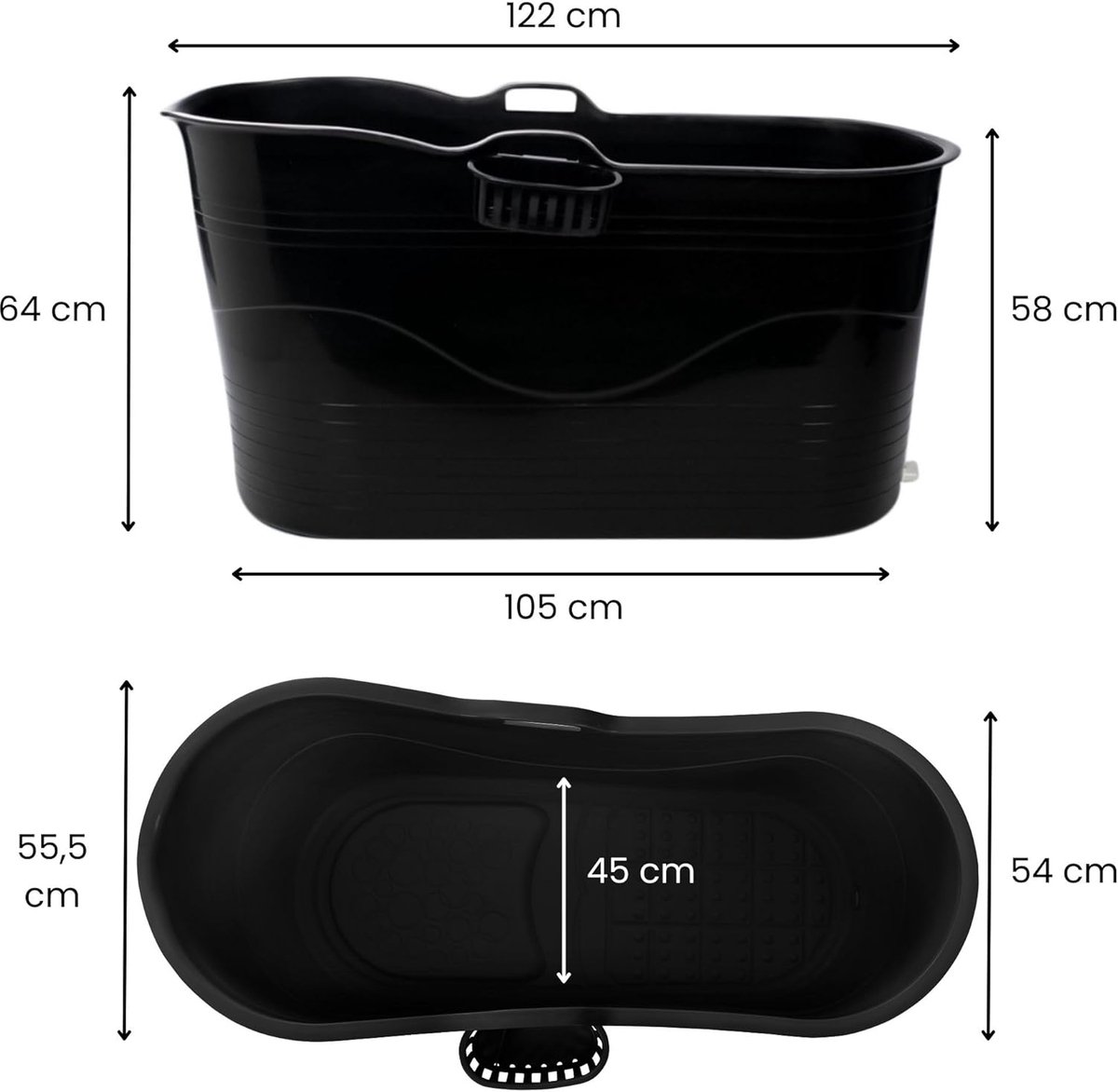 Mobiele Badkuip XL voor Volwassenen – Altameubel Luxe Opvouwbaar Zitbad 122×56×64 cm – Draagbare Bademmer 210L met 3m Afvoerslang, Waterkraan & Opbergmand – Binnen & Buiten – Ultra Zwart