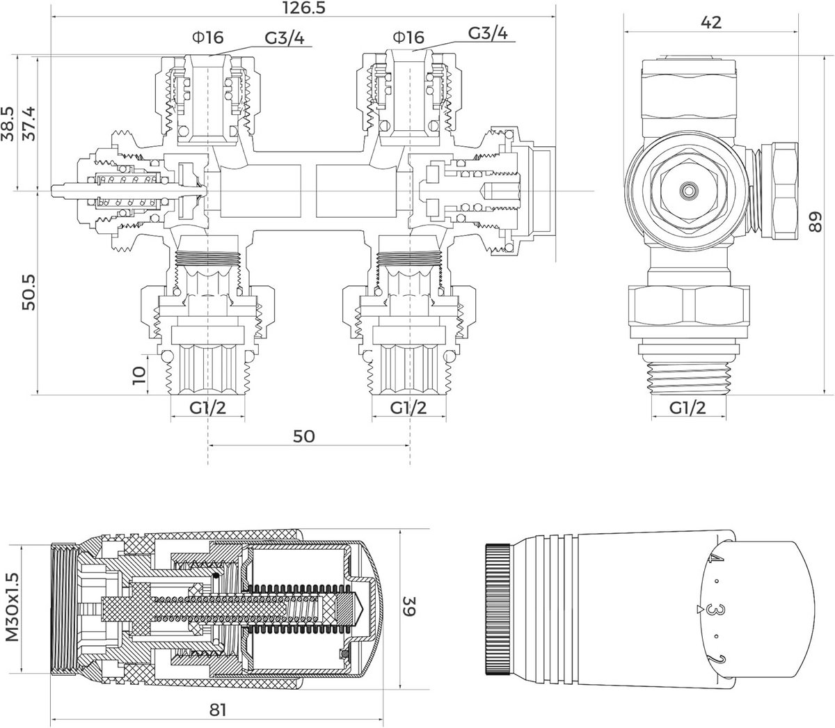 Thermostaat Multiblok voor Radiatoren met Euroconus voor Kunststof en Koperen Buizen 15 mm