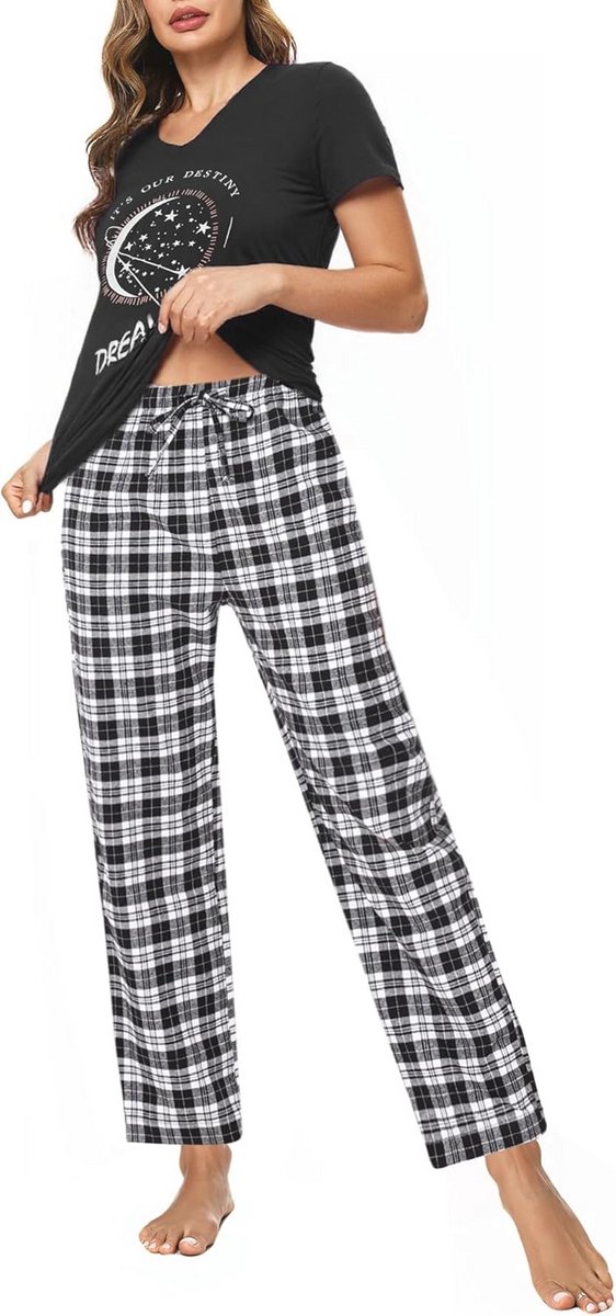 Dames Pyjama Katoen Korte Mouwen met V-hals en Geruite Lange Broek - 2-delige Set Loungewear