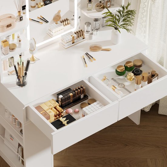 Airfish Make-uptafel met licht, spiegel met instelbare helderheid, make-upbureau met 2 laden en open planken voor slaapkamer, woonkamer, modern wit