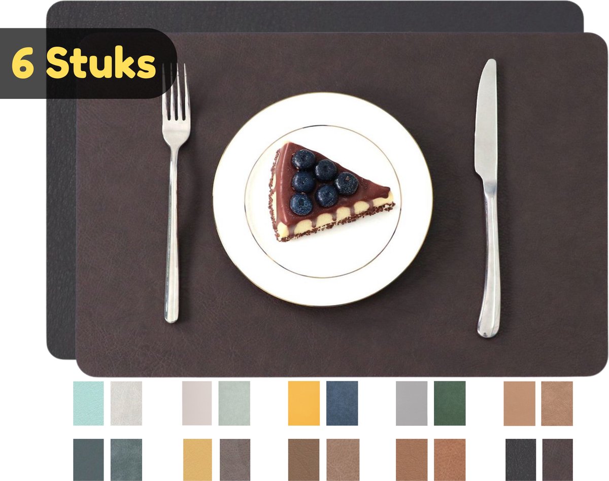 Placemats – Set van 6 – Dubbelzijdig en Antislip – Waterafstotende Onderleggers van Kunstleer Lederlook – Onderzetters – 45 x 30 cm– Zwartbruin / Zwart