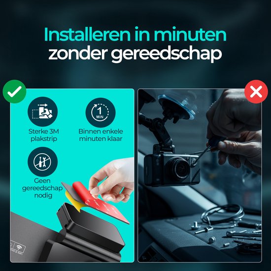 Installatie van dashcam met 3M plakstrip en gereedschap, zonder gereedschap.