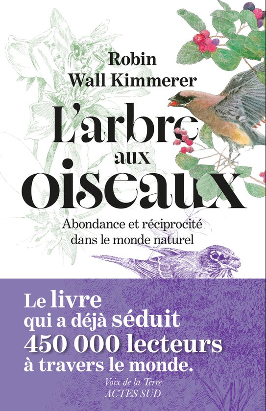 Couverture du livre "L'arbre aux oiseaux" avec des dessins de fleurs, un oiseau et des baies. Texte en français.