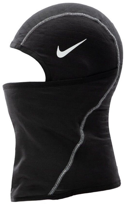 Zwarte bivakmuts met Nike swoosh logo op de zijkant en grijze naden.