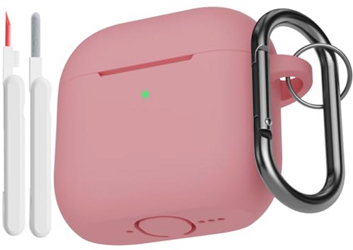 Zachte Siliconen Hoes voor AirPods 4 met Reinigingsset en Karabijnhaak - Schokabsorberende Bescherming in Bonenroze