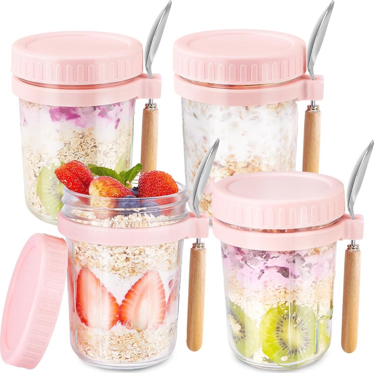 Glazen Nachtelijke Havermoutcontainers met Deksels en Lepels - 16 oz, 4 Stuks