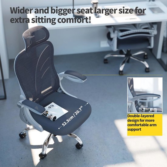 HOLLUDLE Ergonomische bureaustoel met 3D-lendensteun en verstelbare 3D- armleuningen, V-vormig ontwerp, comfortabele bureaustoel voor kantoor en thuis, wit