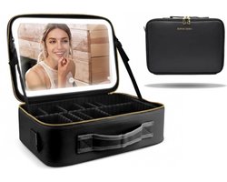 Sophie Siero® Make Up Tas met LED Spiegel – Beauty Koffer met Dimbare Verlichting & 3 Lichtkleuren – Cosmetica Koffer Zwart – PU Kunstleer – Make Up Organizer met Verstelbare Vakken – Beautycase voor Make-up & Sieraden – 37 cm Breed