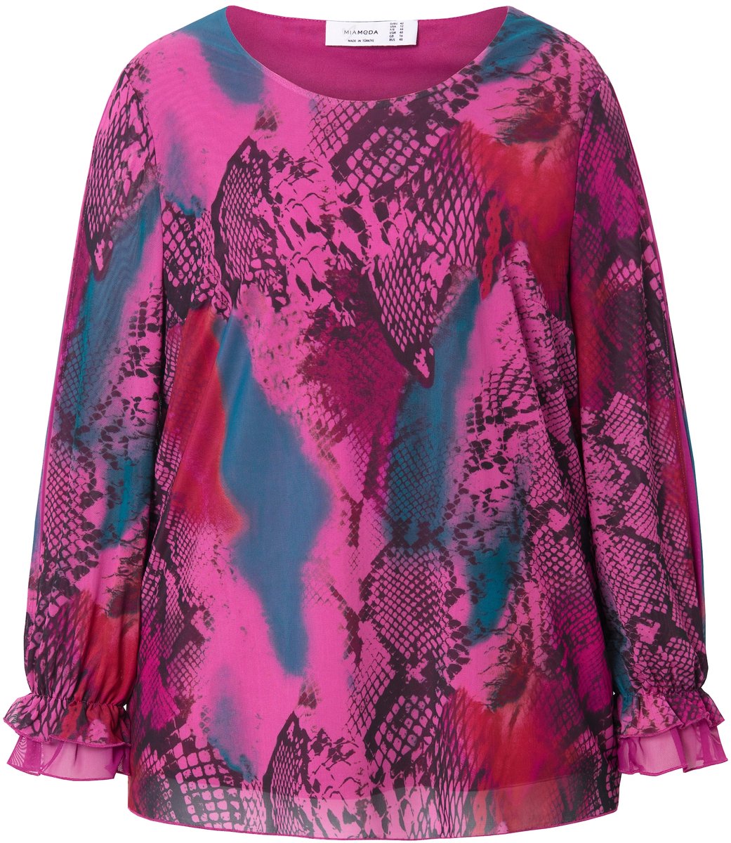 MIAMODA - Dames - Blouse mesh met print all-over wijde lange mouwen - Donkerpetrol - Maat 48
