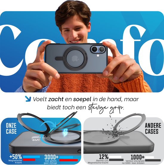 Étui Reovo compatible avec iPhone 17 MagSafe - Support à 360° - Protection contre les chutes jusqu'à 2 m - Zwart - Prise en main antidérapante - Protection de l'appareil photo