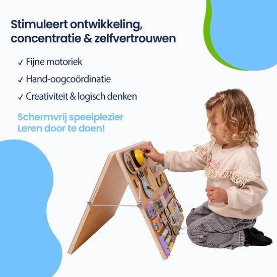 Kadoing Montessori Busy Board XL - Dubbel Staand Activiteitenbord met 18 Speelelementen en Krijtbord van Merkloos — afbeelding 3