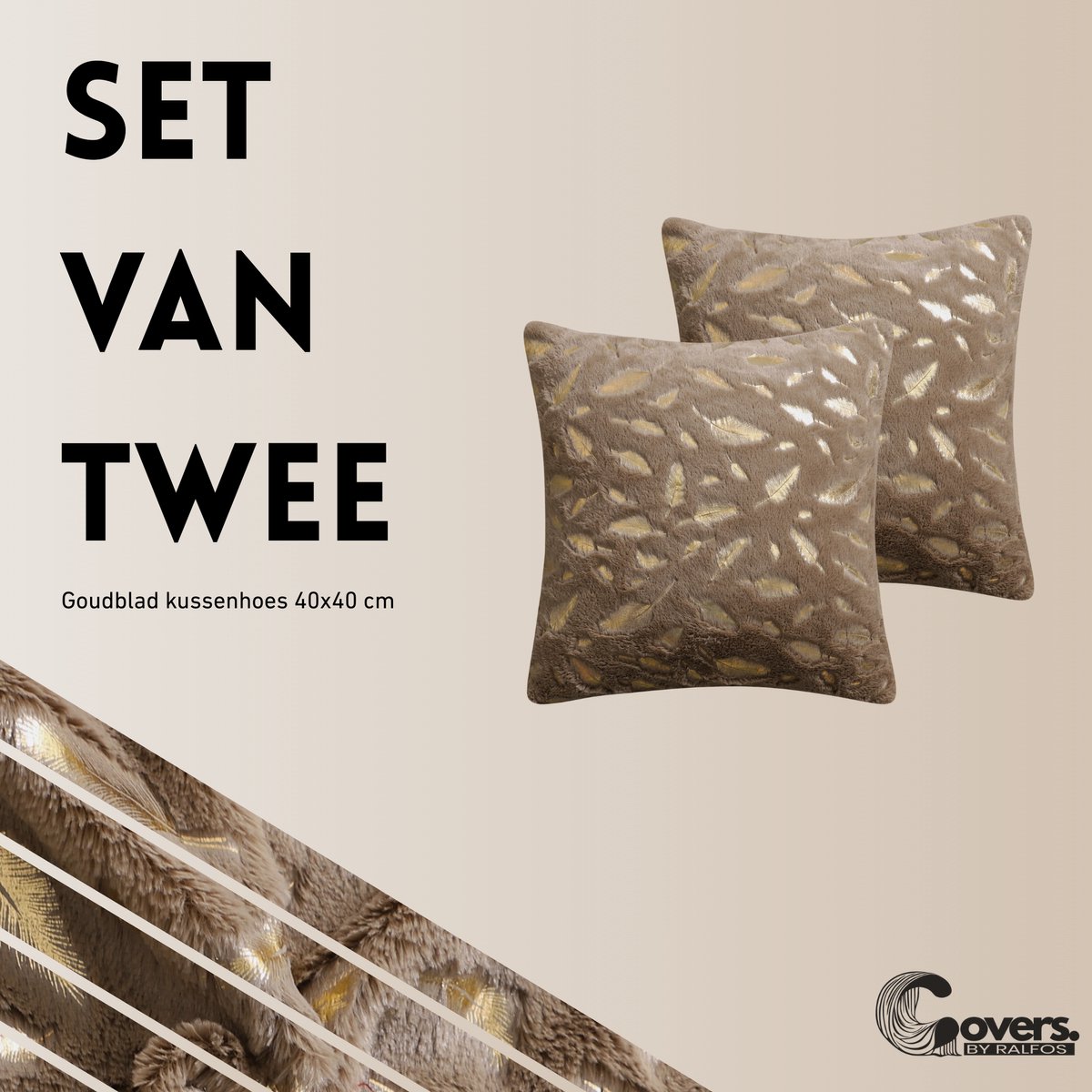 Covers By Ralfos - Set van 2 | Kussenhoes 40x40cm | Khaki Pluche Bladgoud | Kerstsfeer | Luxe Sierkussenhoes | Velvet Look | Kerst | Zonder Vulling