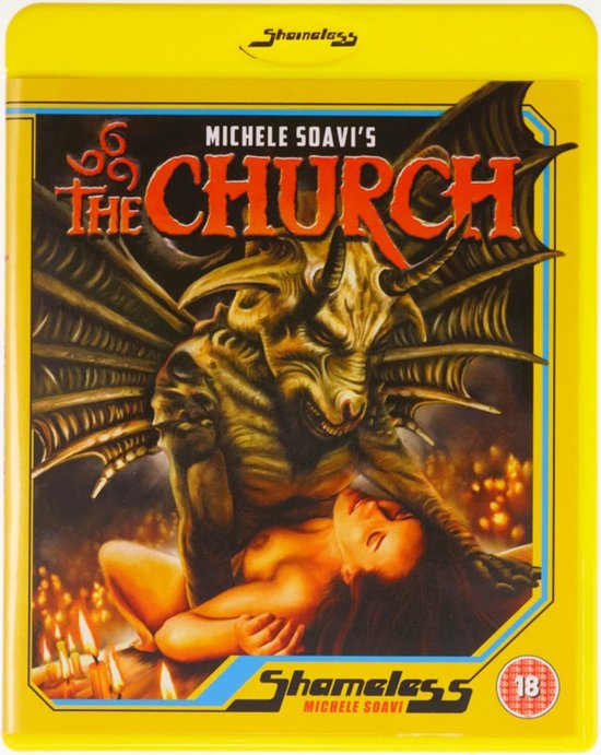 Blu-ray hoes met een demonische figuur die een vrouw vasthoudt. Titel: The Church. Shameless.