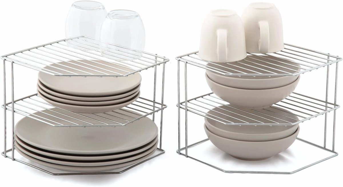 Bordenrek 3 Niveaus - Set van 2 Keukenorganizers - Chroom