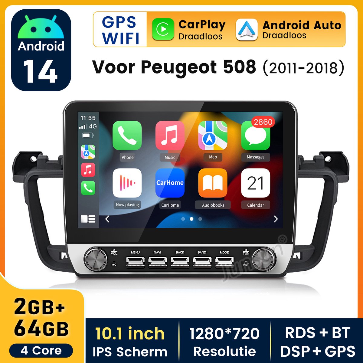 Hexinex 10.1" autoradio Geschikt voor Peugeot 508 (2011-2018) - Draadloos CarPlay, Android Auto, WIFI, multimediaspeler, 2GB+64GB
