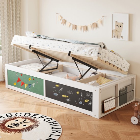 Lit rembourré, lit simple, lit enfant, appui-tête et dossier doux et bord en mousse anti-collision, tête de lit en forme de biscuit, PU + fer + mousse + contreplaqué, beige, 90 x 200 cm