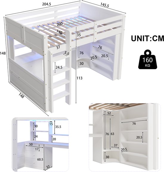 HAUSS SPOLE Lit Mezzanine 140x200cm - Avec éclairage LED - Armoire, Bureau Et 3 Tiroirs - Multifonctionnel Avec Rangement - Sans matelas - Sapin/MDF - Blanc