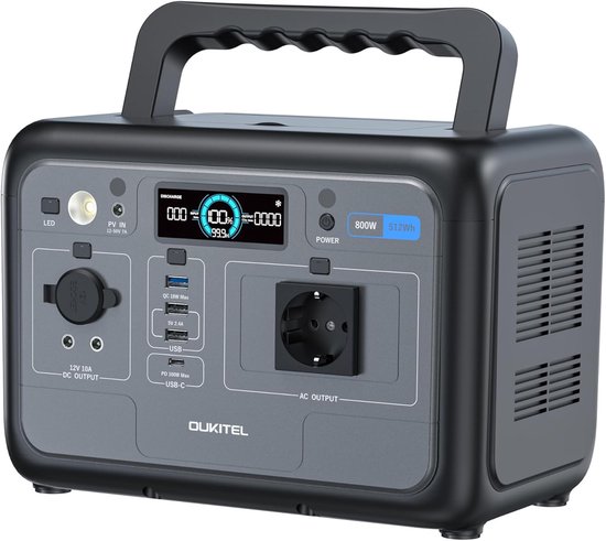 OUKITEL P800 - Draagbare Powerstation 512Wh LiFePO4 - 800W - 1600W piek - 2x AC - USB-C PD 100W - MPPT 200W - UPS