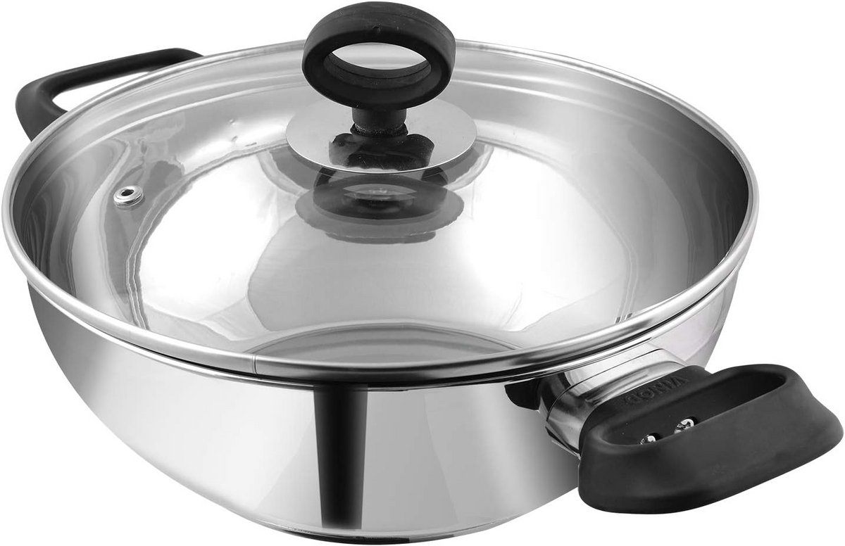 Roestvrijstalen Kadhai met Glazen Deksel – 18 cm, 1,6 L – Multifunctionele Wok voor Inductie en Alle Kooktoestellen – Geschikt voor Indiase Gerechten en Goulashes