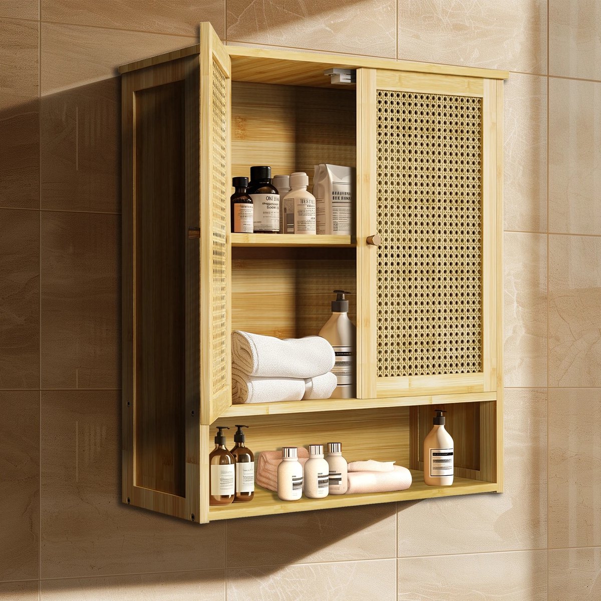 LabelOne Badkamerkast - Wandkast - Medicijnkastje - Bamboe Kast - 3 planken - 2 deuren - m