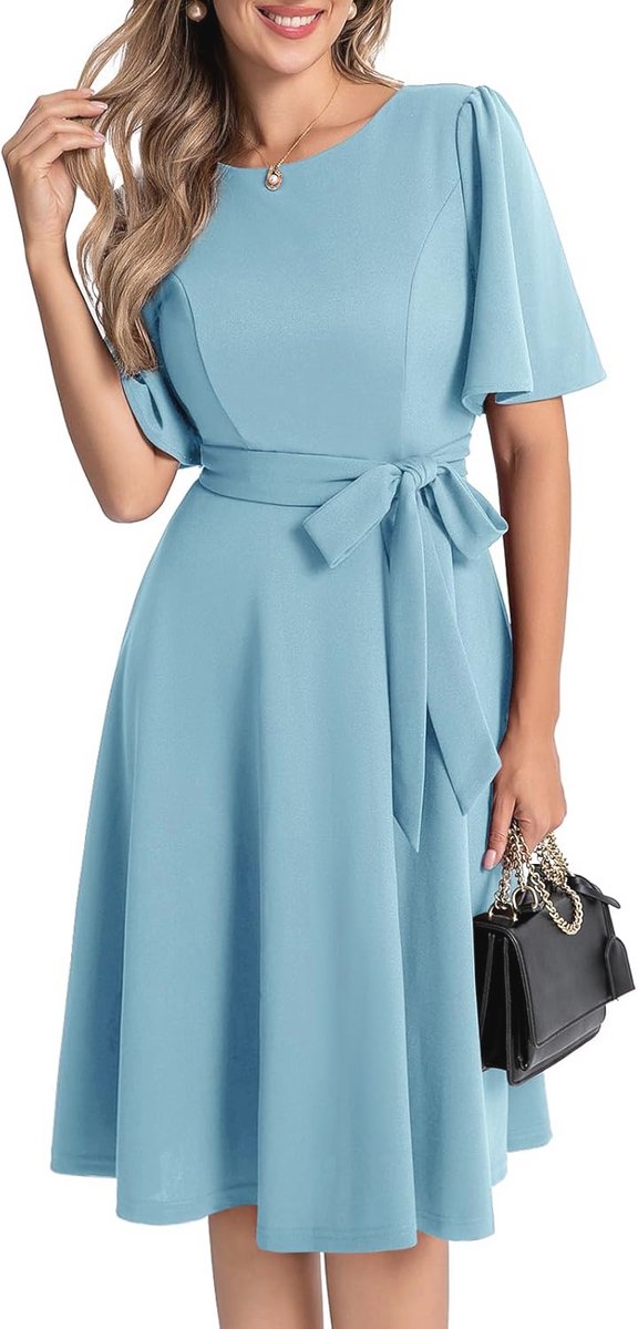 Chique Midi-Avondjurk voor Dames - Cocktail, Bruiloft, Bal, Ronde Hals, Korte Mouwen en Met Riem