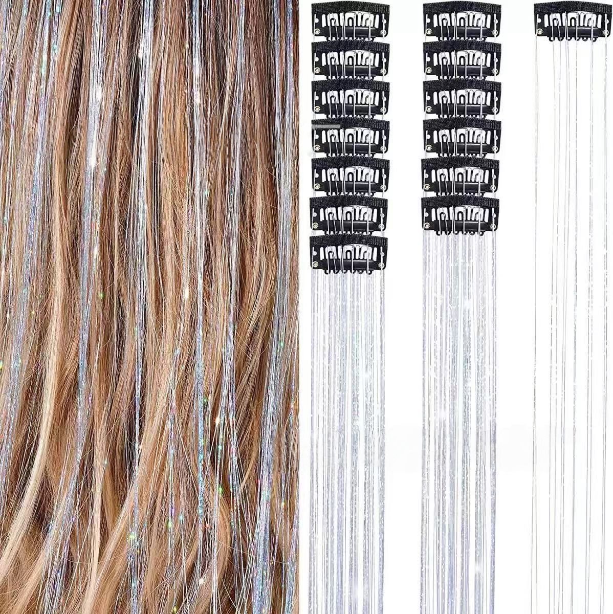 2 x clip-in ZILVEREN Hair Tinsels - Glitter Extensions - Glitterhaar - Glitter Haar Extensions - clip extensions zilver