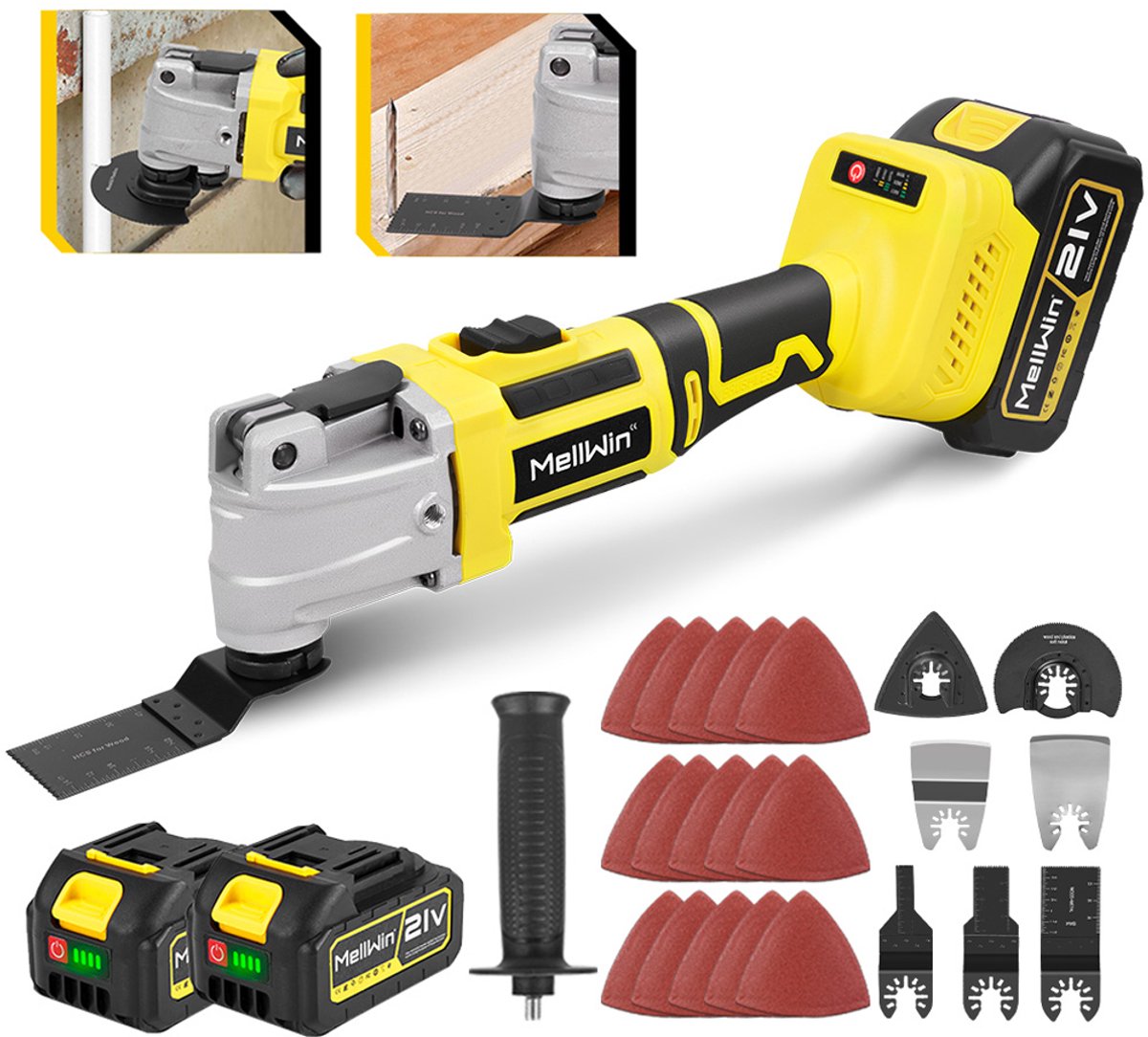 MellWin Accu Multitool - met 2x Accu's & 22x Accessoires - Borstelloze motor - Multifunctioneel Gereedschap - 4° oscillatiehoek - 6+3 versnellingen - voor verwijderen, schrapen en zagen