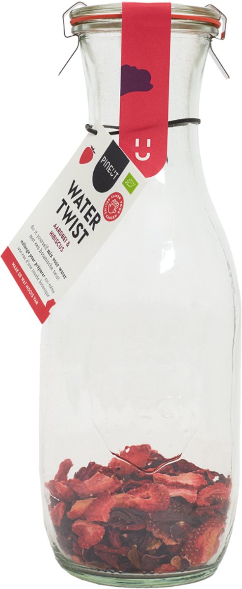 Pineut ® Watertwist - Tafelwater Aardbei & Hibiscus - BIO - Waterkaraf met deksel - Waterkan Glas 1L - Orginineel cadeau - Water met een smaakje - Hervulbaar - Gezond & Gezellig genieten
