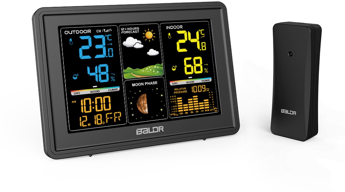 Weerstation met Buitensensor-Kleurweergave van Binnen/Buitentemperatuur en Vochtigheid- Zwart