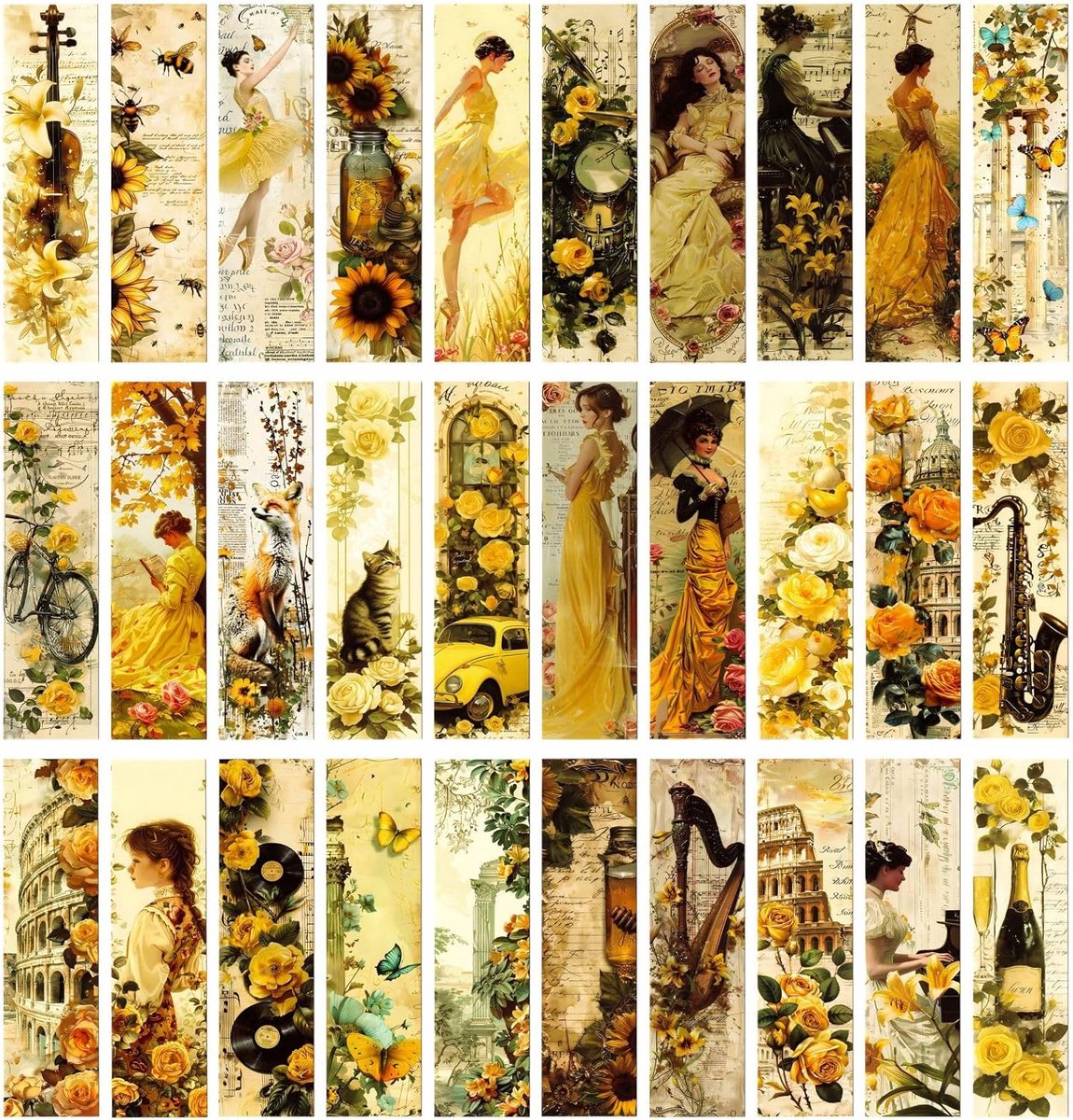 Vintage Bladwijzers Natuurlijke Stijl – 30 Kleurrijke Planten- en Bloemprint Bladwijzers (Goud) | 15 cm x 4 cm, 350g Karton