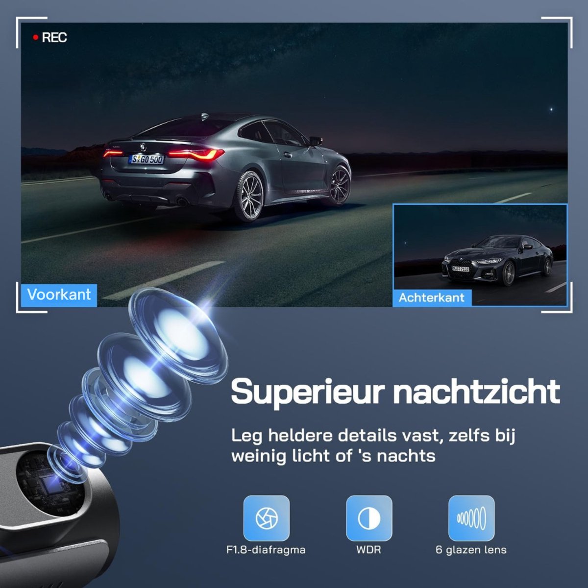 RVV® Dashcam Voor en Achter - Autocamera - Dashcamera - Nachtzicht - Zwart- 8cm x 4cm x5cm – foto 3