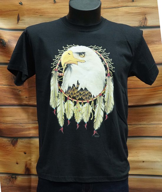 Zwart T-shirt met adelaarskop op mandela met lange veren in de maat XL - T-shirt adelaar maat XL - shirt eagle - t shirt met korte mouwen adelaar - leuke dieren t shirts - wilde dieren T-shirts