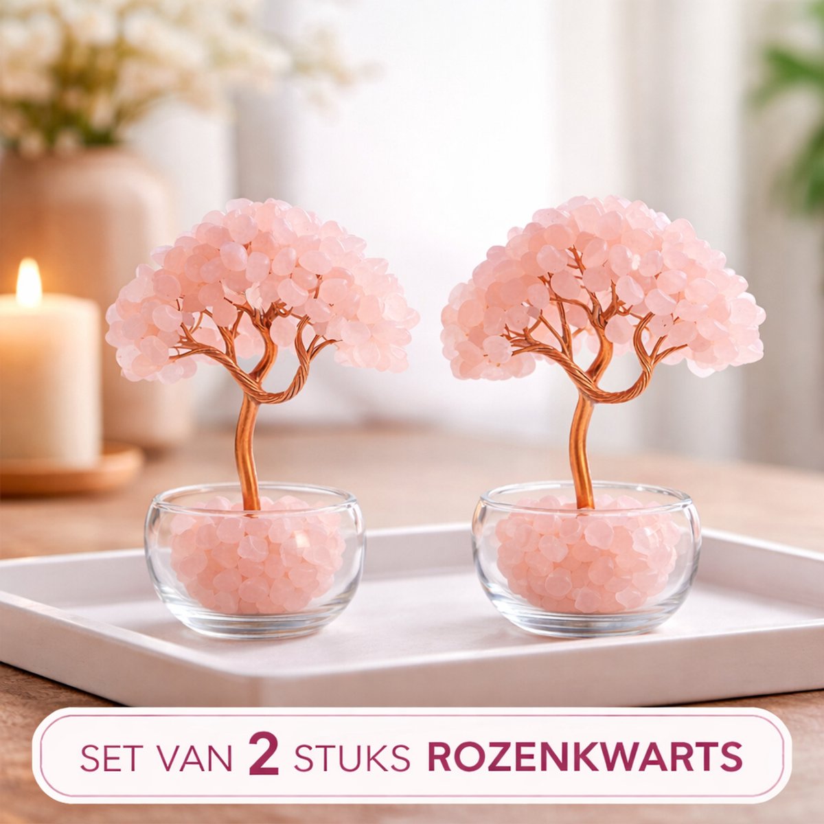 S4H Set van 2 Rozenkwarts Edelsteenboompjes – Liefde & Rust – Woondecoratie met Edelstenen