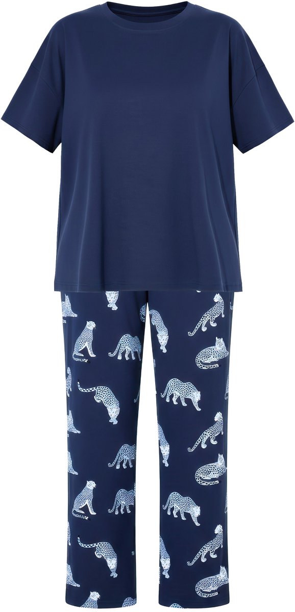 Studio Untold - Dames - Pyjama tweedelig effen shirt lange broek luipaard - Marine - Maat 50+