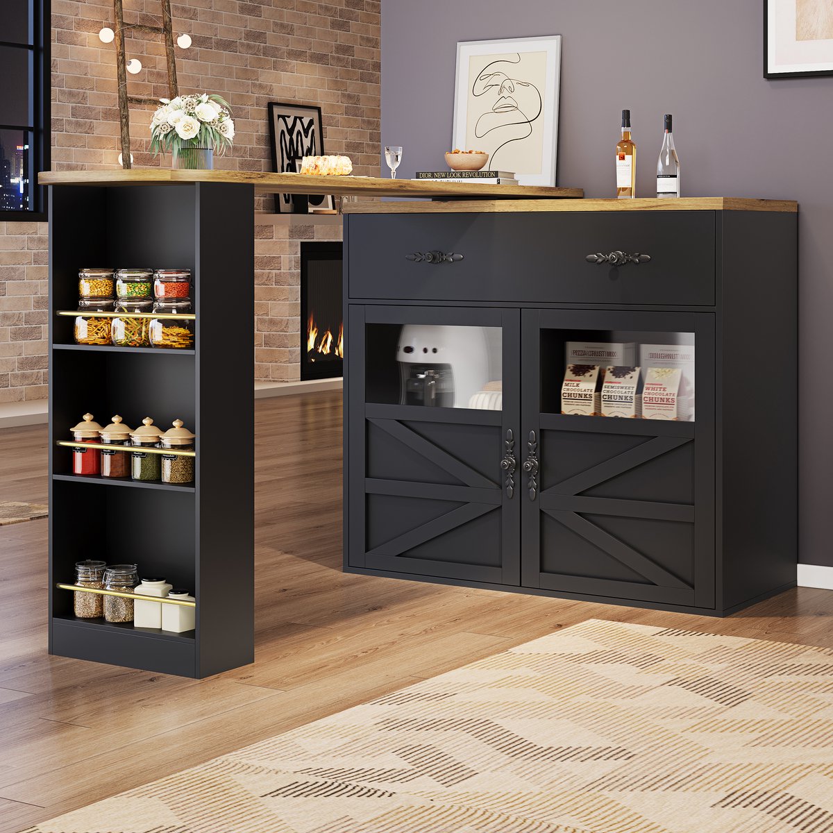 Uitschuifbare barkast met opbergruimte (138-204×39×104cm), 360° draaibare eettafel, moderne beweegbare bartafel, keukeneiland hogere tafel, bistrotafel, zijbuffetkast met planken, zwart
