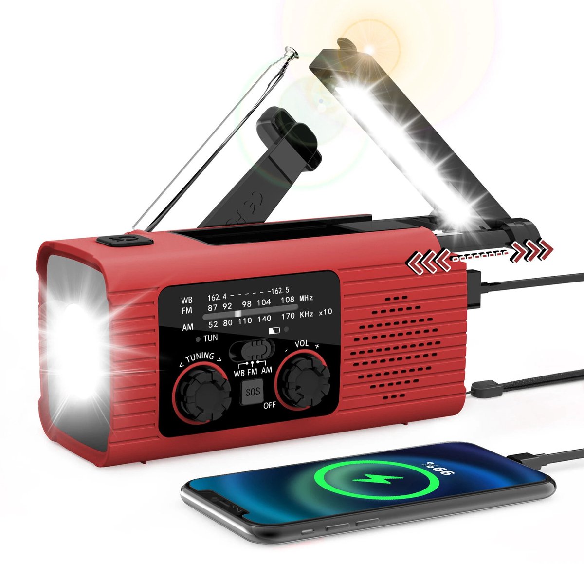 Noodradio Solar Opwindbaar Multifunctionele Emergency Radio NOAA Weeralarm AM FM WB Radio Powerbank 2000mAh Zaklamp Noodpakket Draagbare Radio Oplaadbaar Op Batterijen Bluetooth Speaker Digitale Wekker voor Outdoor Overleving rood