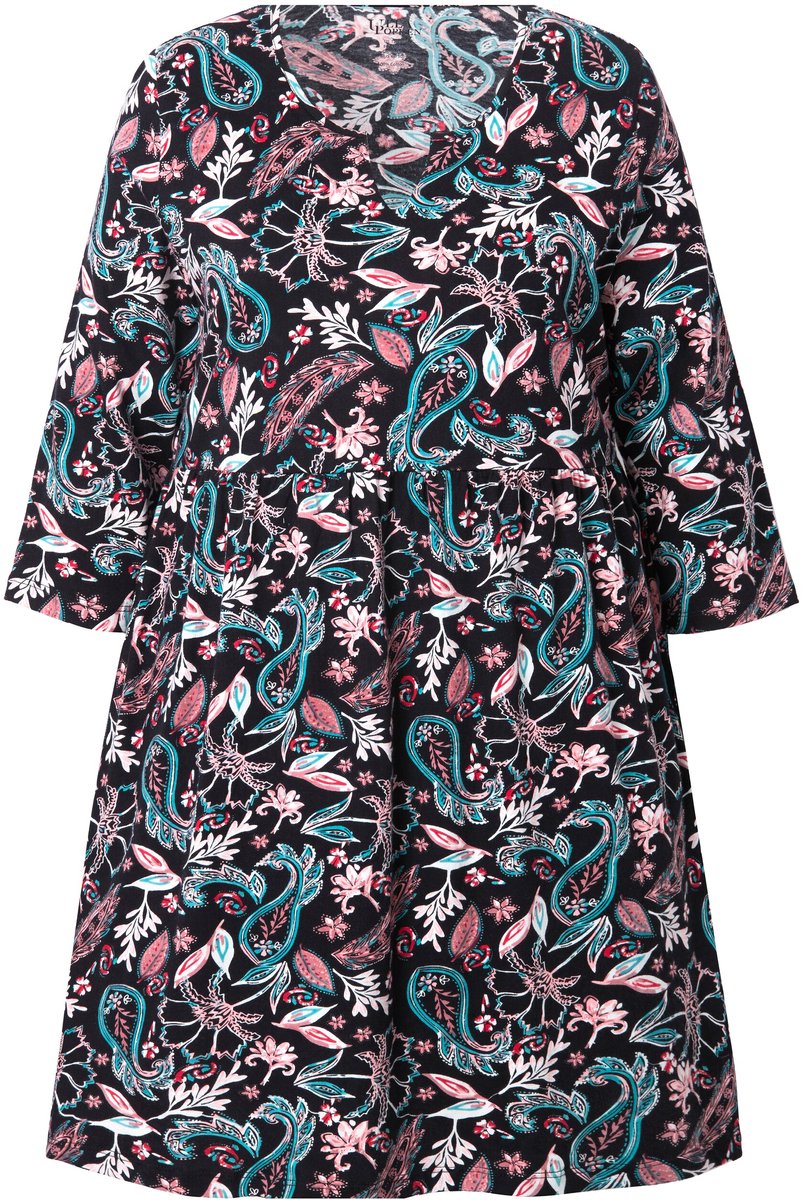 Ulla Popken Dames - Jersey jurk paisley A-lijn tuniekhals 3/4-mouwen - Zwart - Maat 50+