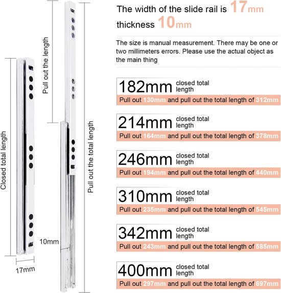 Charger Rail - W17 mm - 1 Pair Metal Drawer Rail Runners - Ball Bearing ...