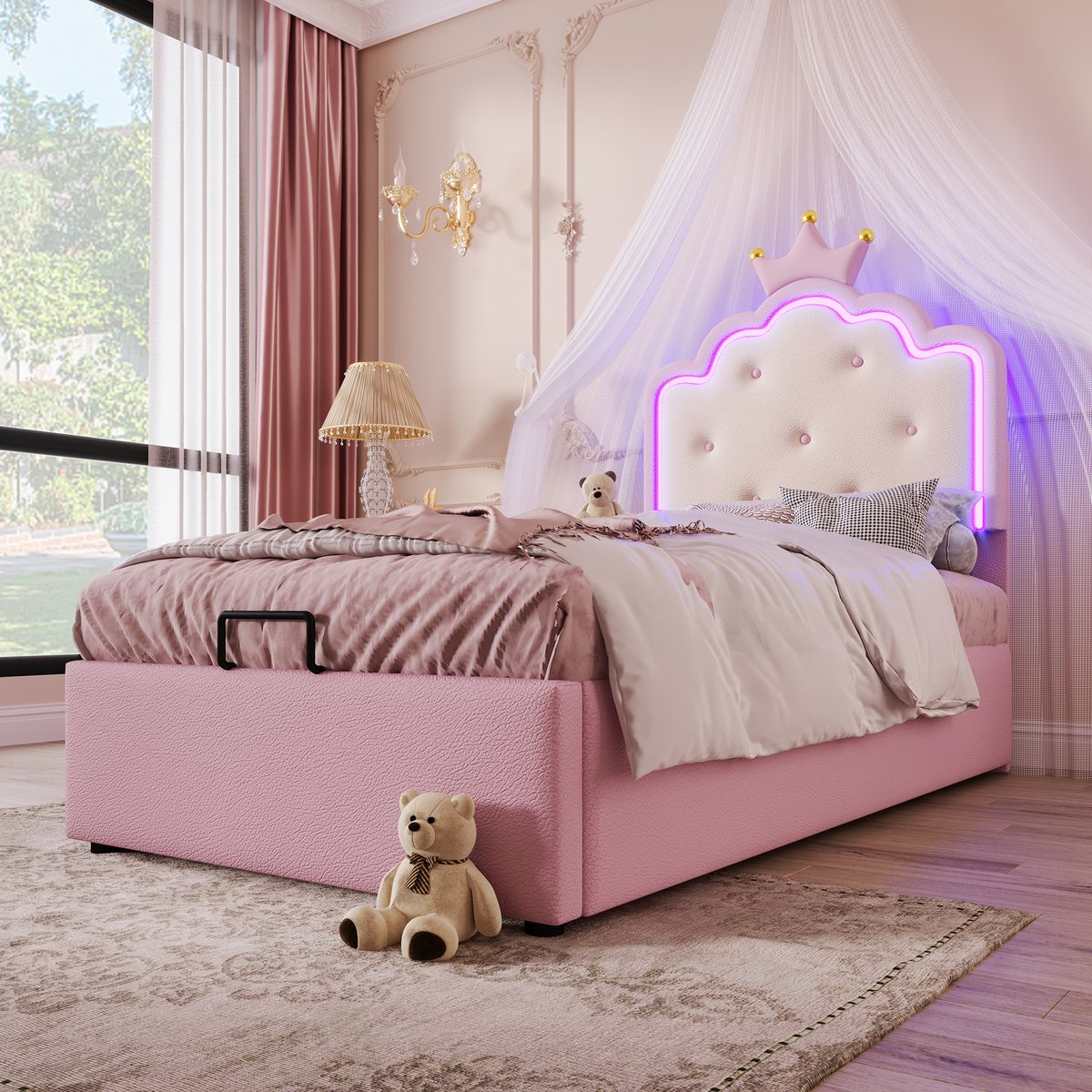 STILVORA Gestoffeerd Bed 90x200 cm – Kinderbed Kronprinses Hoofdeinde – LED Afstandsbediening en Hydraulische Opbergruimte – Kunstleer (PU) – Roze – Zonder Matras