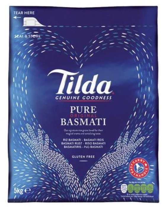 Tilda Pure Original Basmati Rijst - 1 x 10 KG | Multi Voordeelverpakking Basmatirijst - Rijstkorrels met Aroma en lichte Textuur - Afkomstig uit de Himalaya - Vegetarisch - Glutenvrij met Kajal Sticker