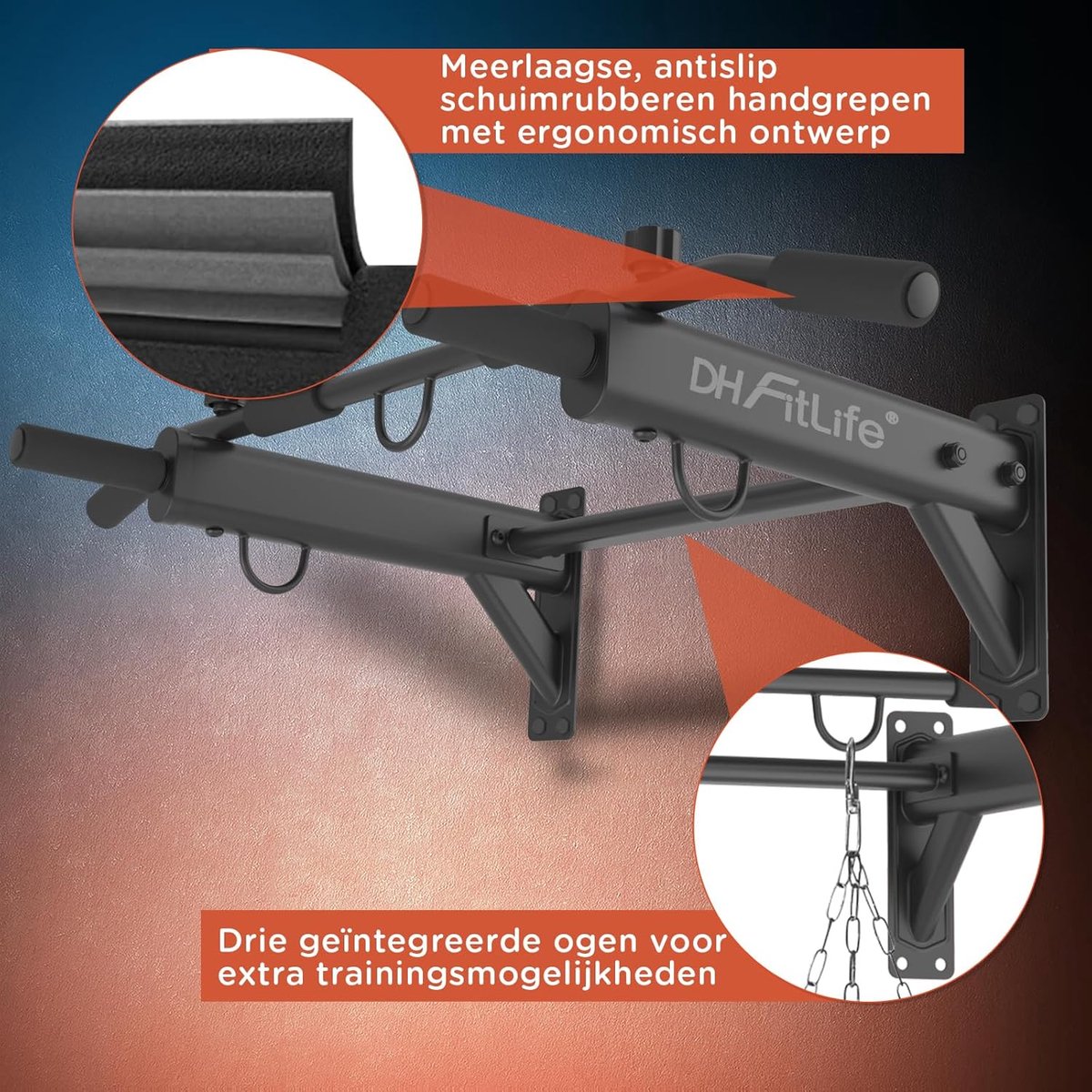 DH FitLife 4-in-1 optrekstang voor wandmontage met spreidplug, multifunctionele pull-up bar voor thuis tot 200 kg | 6 antislip handgrepen | 3 ogen voor bokszak & slingtrainer | veilig en stabiel thumbnail 6
