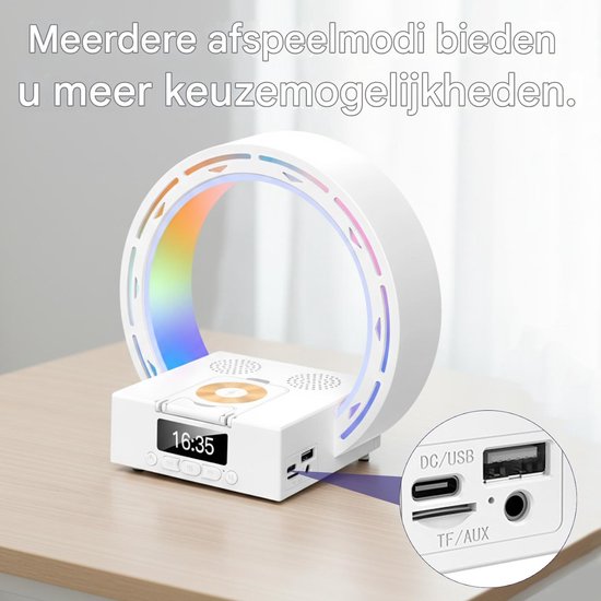 longziming -Bluetooth Speaker - Digitale Klok Slaapkamer - Bluetooth Speaker met Draadloos Opladen 15W - Bluetooth 5.3 - 3D Geluid - LED Sfeerverlichting met Digitale Klok en Telefoonhouder - Multifunctionele Bureau Speaker - wit van Longziming — afbeelding 4