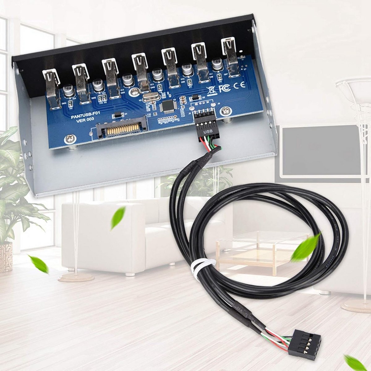 Interne USB 2.0 Hub 7-poorts voor 5.25 inch bay